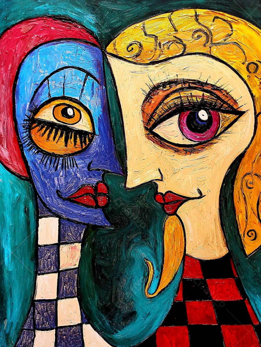 Rostos abstratos azuis e amarelos em pintura cubista vibrante com lábios vermelhos