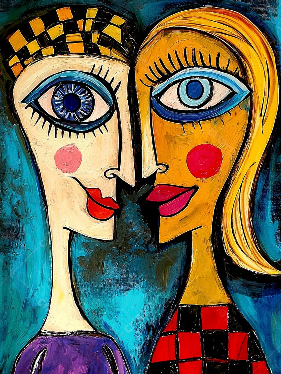 Casal abstrato com olhos azuis e lábios vermelhos pintura cubista vibrante