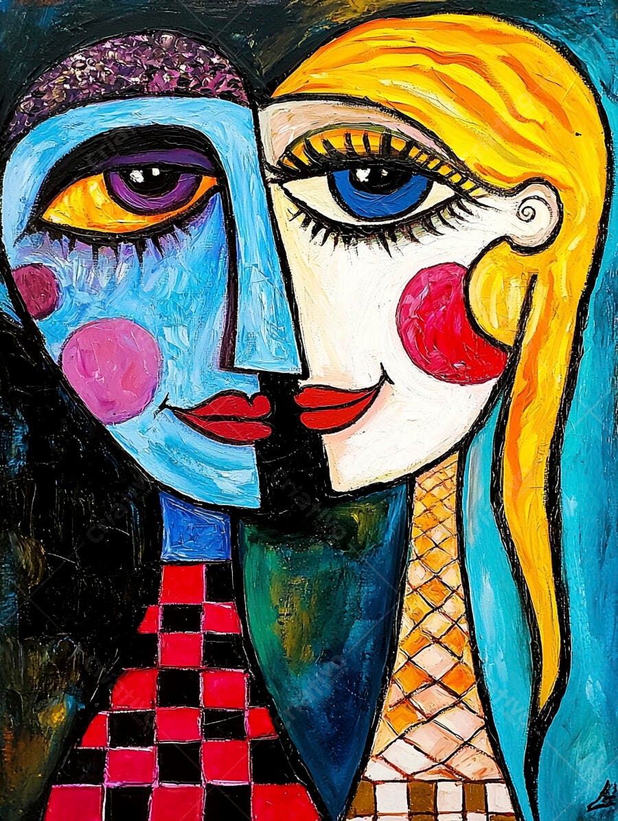 Rostos abstratos cubistas com cores vibrantes azul e amarelo arte moderna