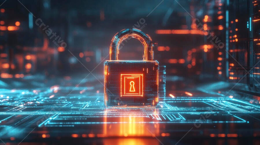 Cadeado digital em ambiente de segurança cibernética com luzes azuis e laranjas