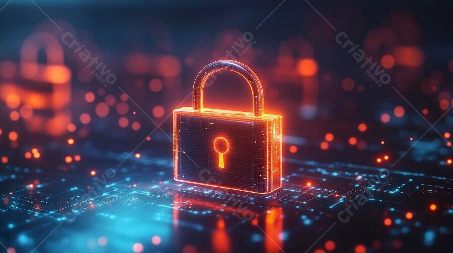 Cadeado digital laranja neon em rede de segurança cibernética com luzes azuis