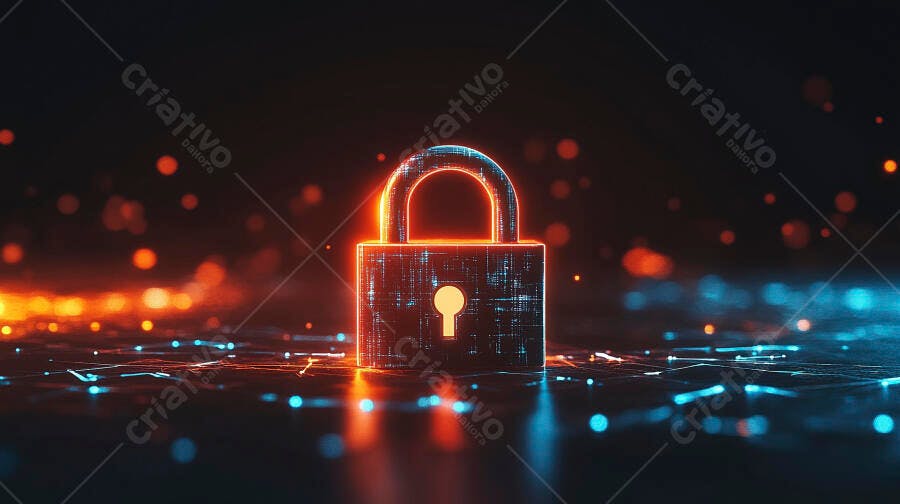 Cadeado digital brilhante segurança cibernética rede de dados laranja e azul