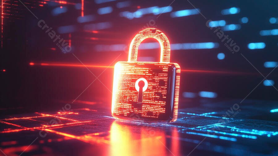 Cadeado digital brilhando em rede cibernética com luzes vermelhas e azuis