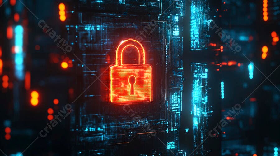 Cadeado vermelho brilhante proteção de dados em fundo digital futurista