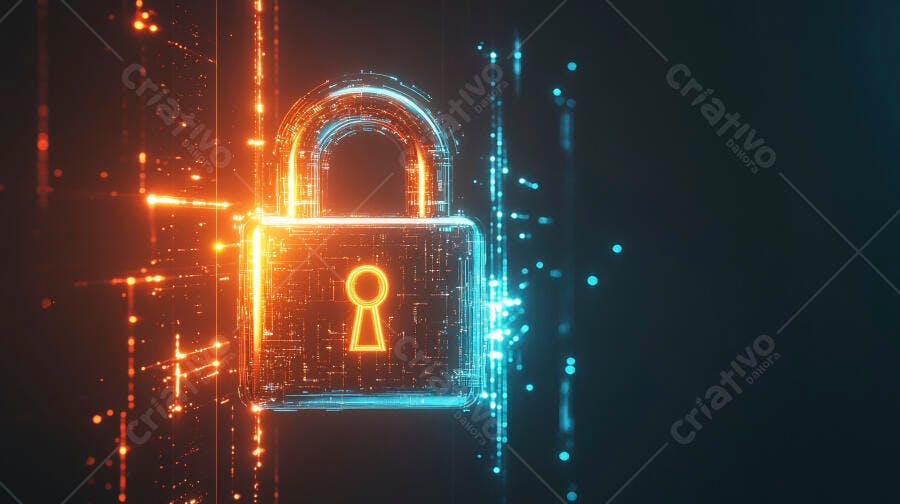 Cadeado digital brilhante laranja e azul em rede de dados para segurança cibernética