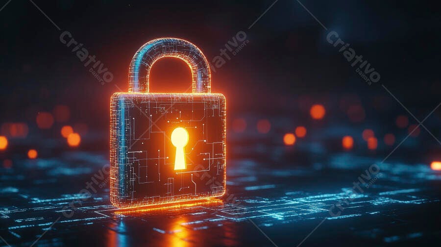 Cadeado digital brilhando com circuitos em fundo escuro de tecnologia
