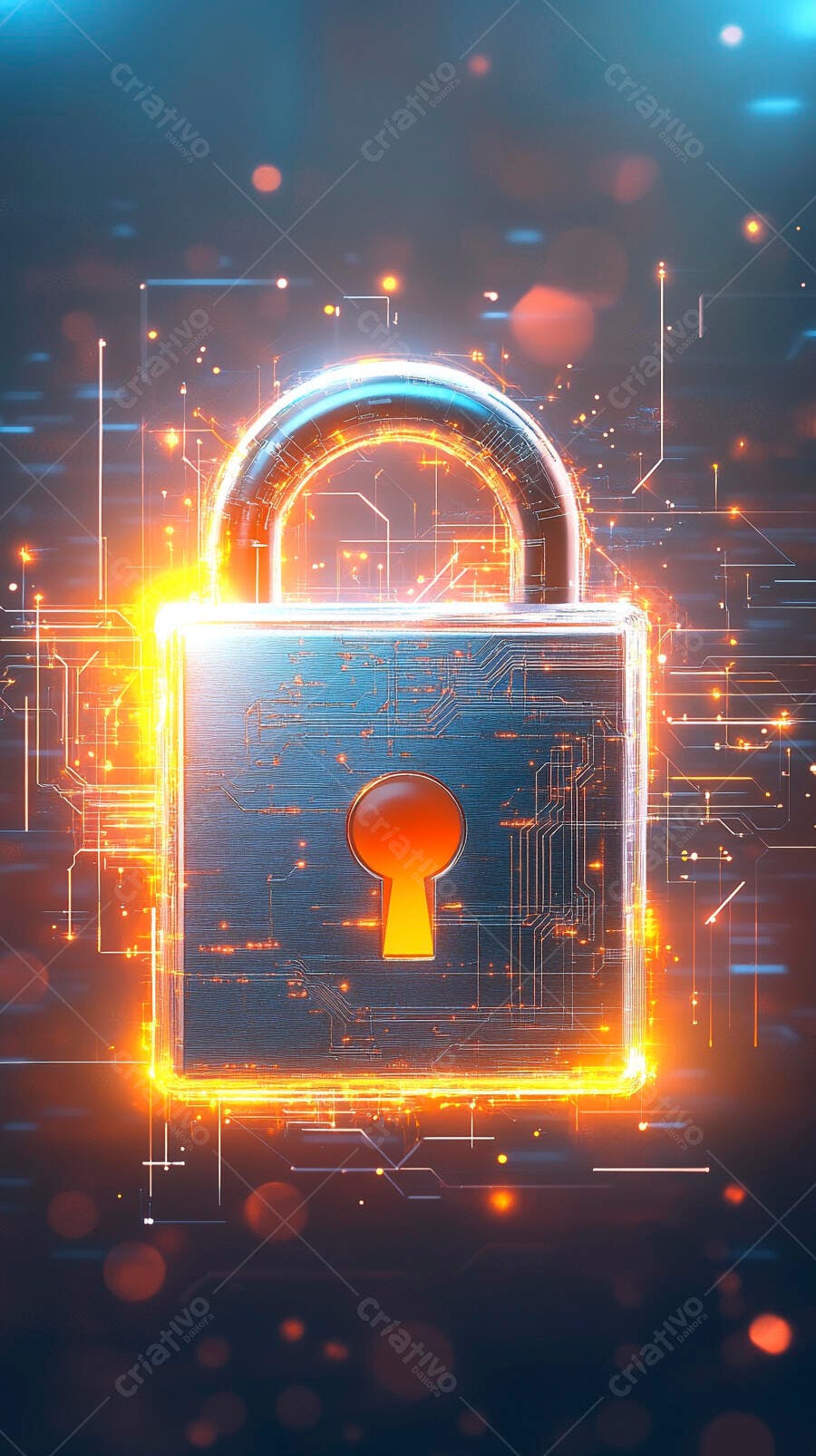 Cadeado digital brilhante com circuitos eletrônicos proteção cibernética futurista