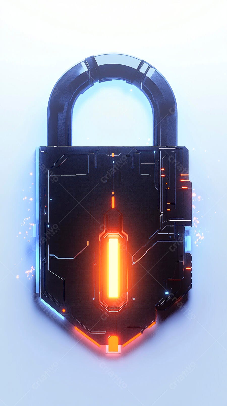 Cadeado futurista digital com luz neon laranja e detalhes azuis
