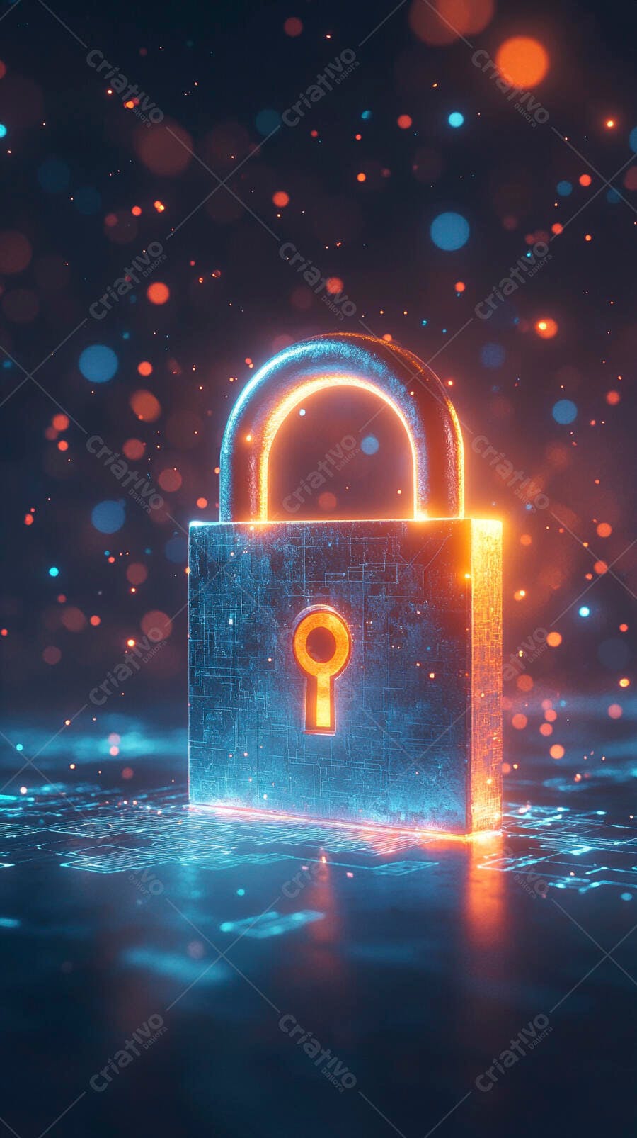 Cadeado digital brilhante segurança cibernética em fundo escuro com luzes bokeh