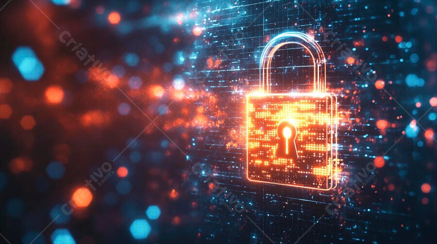 Cadeado digital laranja e azul em fundo de tecnologia cibernética