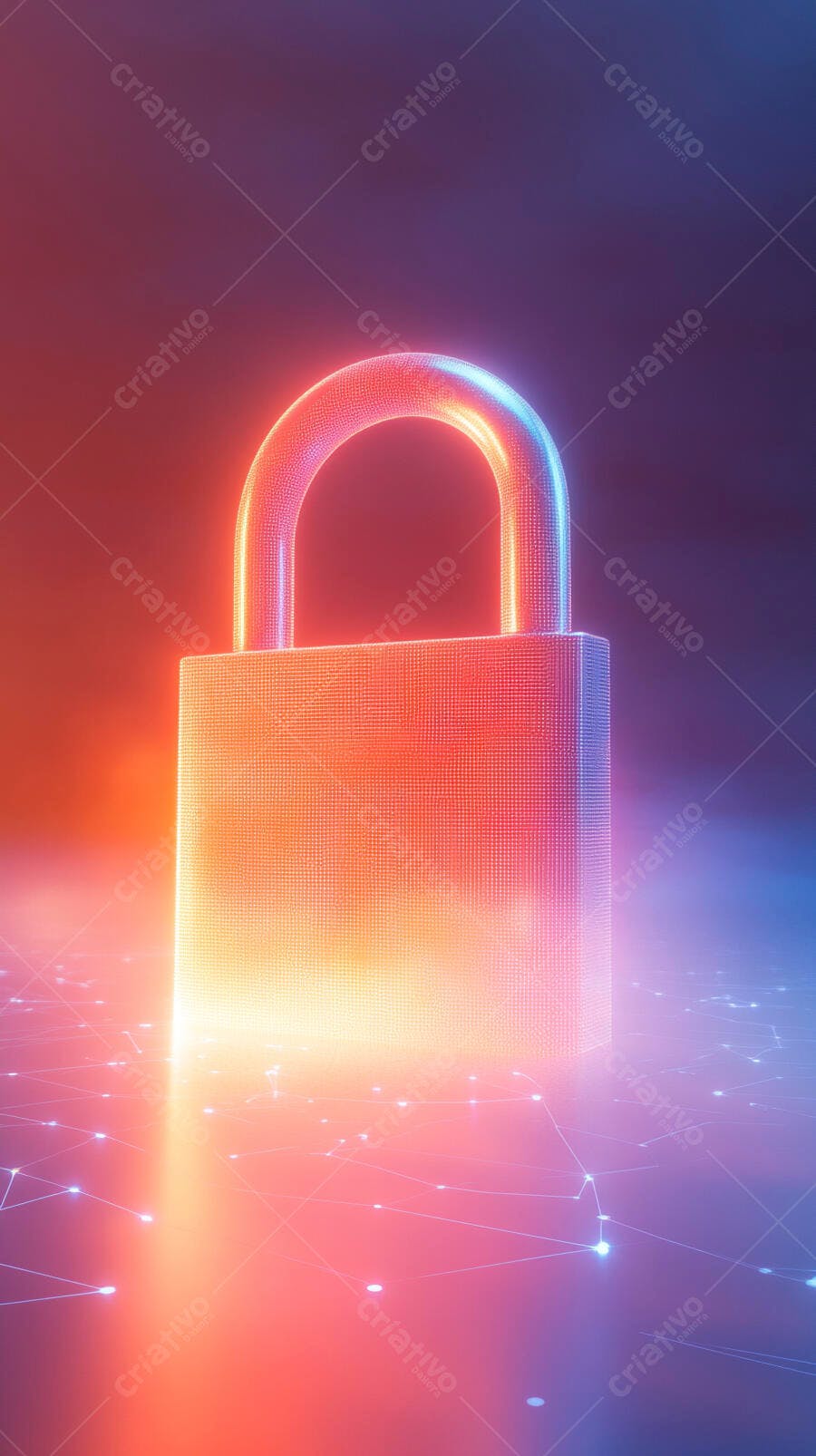 Cadeado digital brilhante vermelho e azul em rede de segurança cibernética
