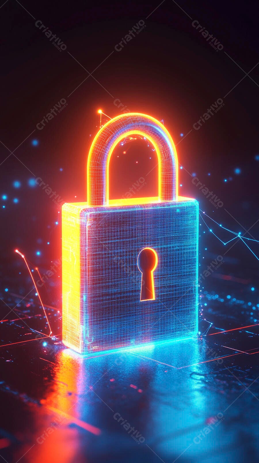 Cadeado digital neon azul e laranja em fundo escuro de segurança cibernética