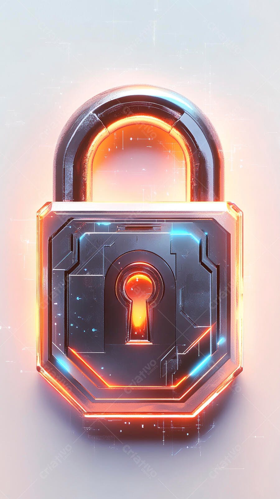 Cadeado digital com luzes neon laranja e azul proteção cibernética