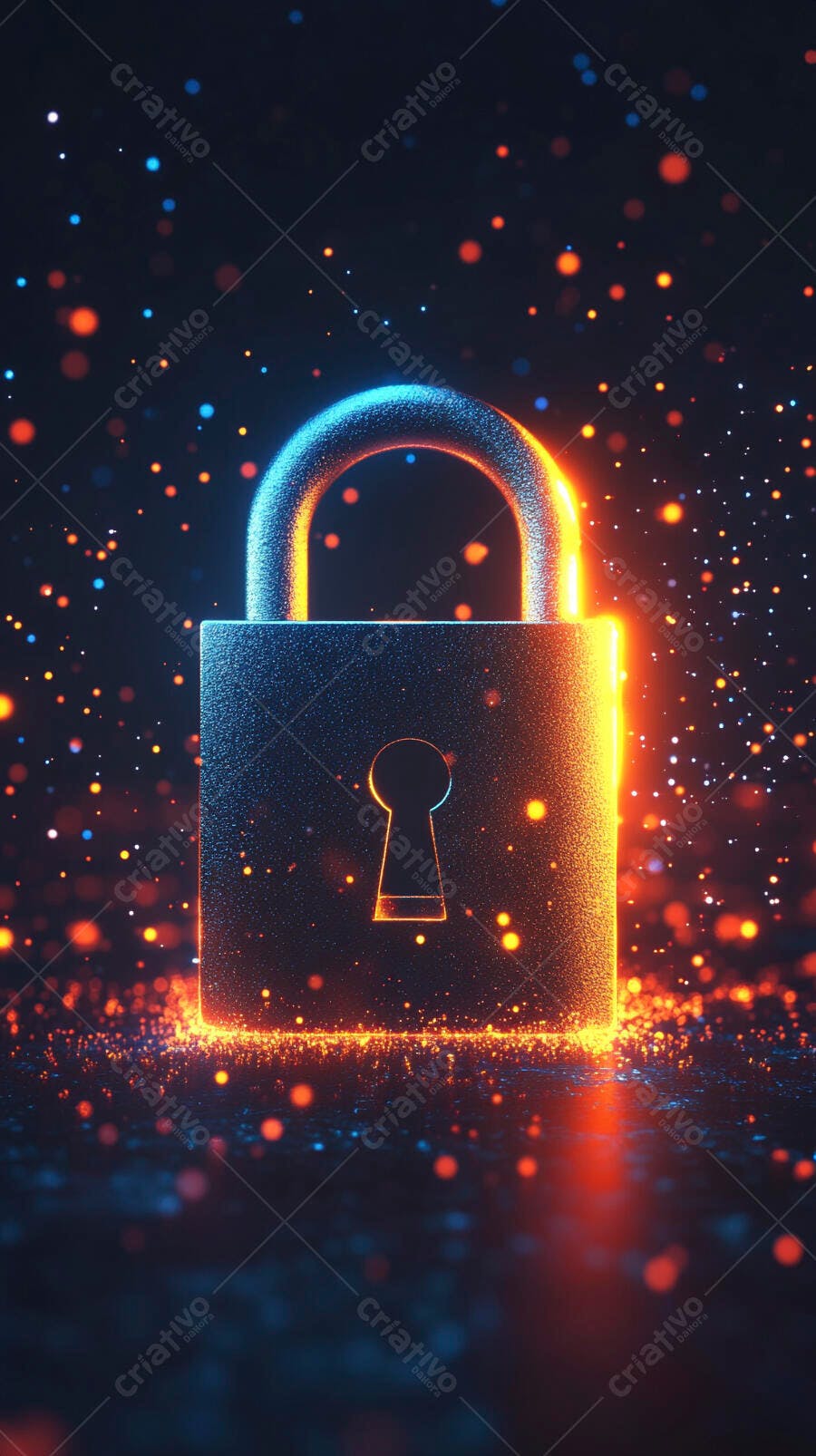 Cadeado digital brilhante com luzes neon laranja e azul em fundo escuro