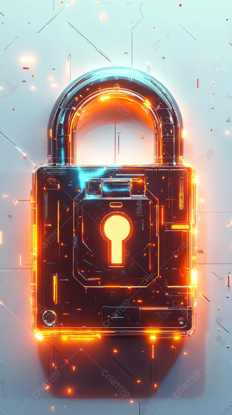 Cadeado digital com luzes neon laranja e azuis em fundo de circuito
