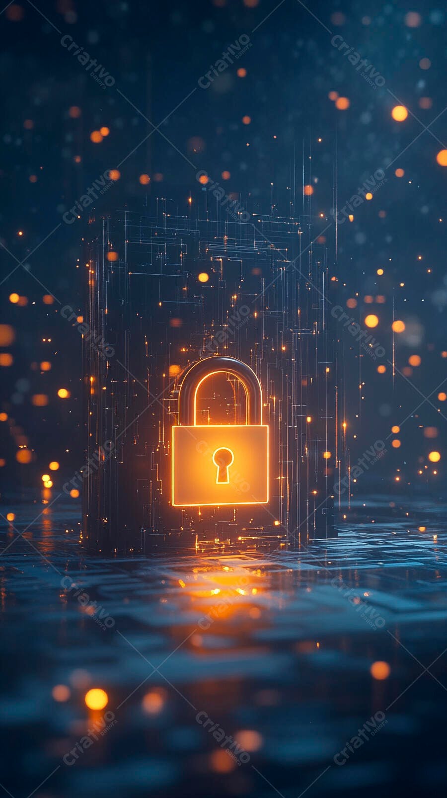 Cadeado digital laranja brilhante em rede tecnológica azul neon
