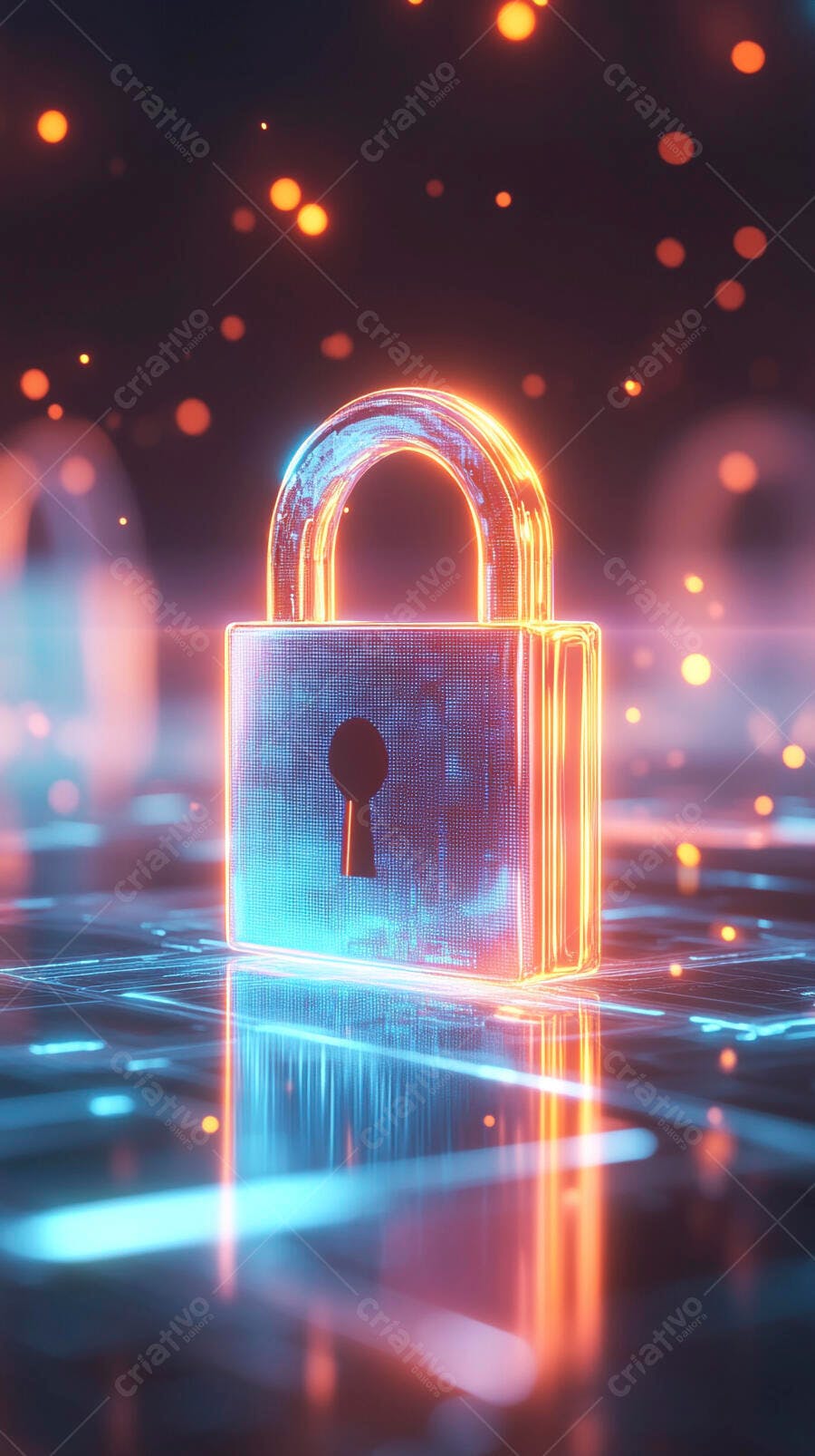 Cadeado digital brilhante com luzes neon azul e laranja conceito de cibersegurança