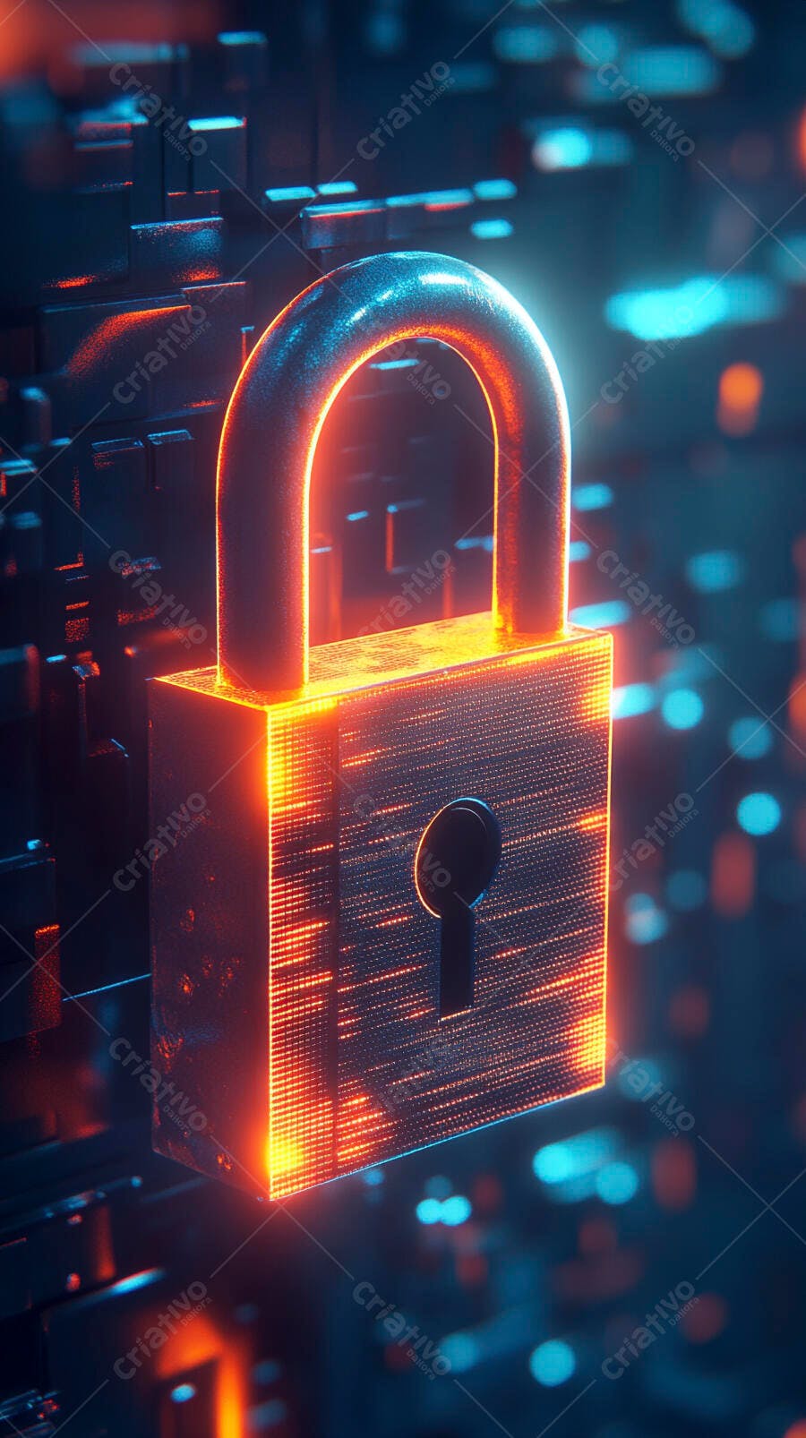 Cadeado digital brilhante laranja sobre fundo abstrato azul cyber