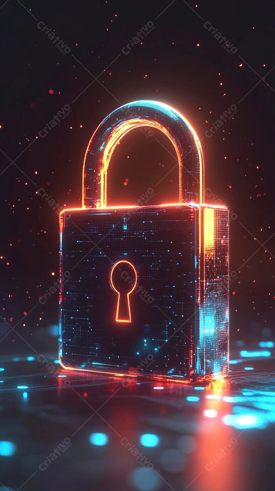Cadeado digital brilhante com luzes neon laranja e azuis em fundo escuro