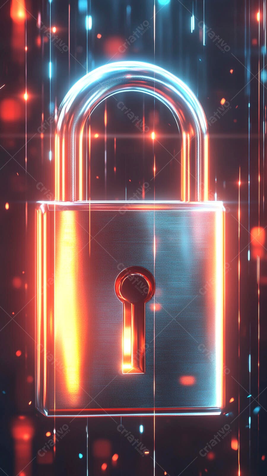 Cadeado digital brilhante neon segurança cibernética com luzes azuis e vermelhas em fundo escuro