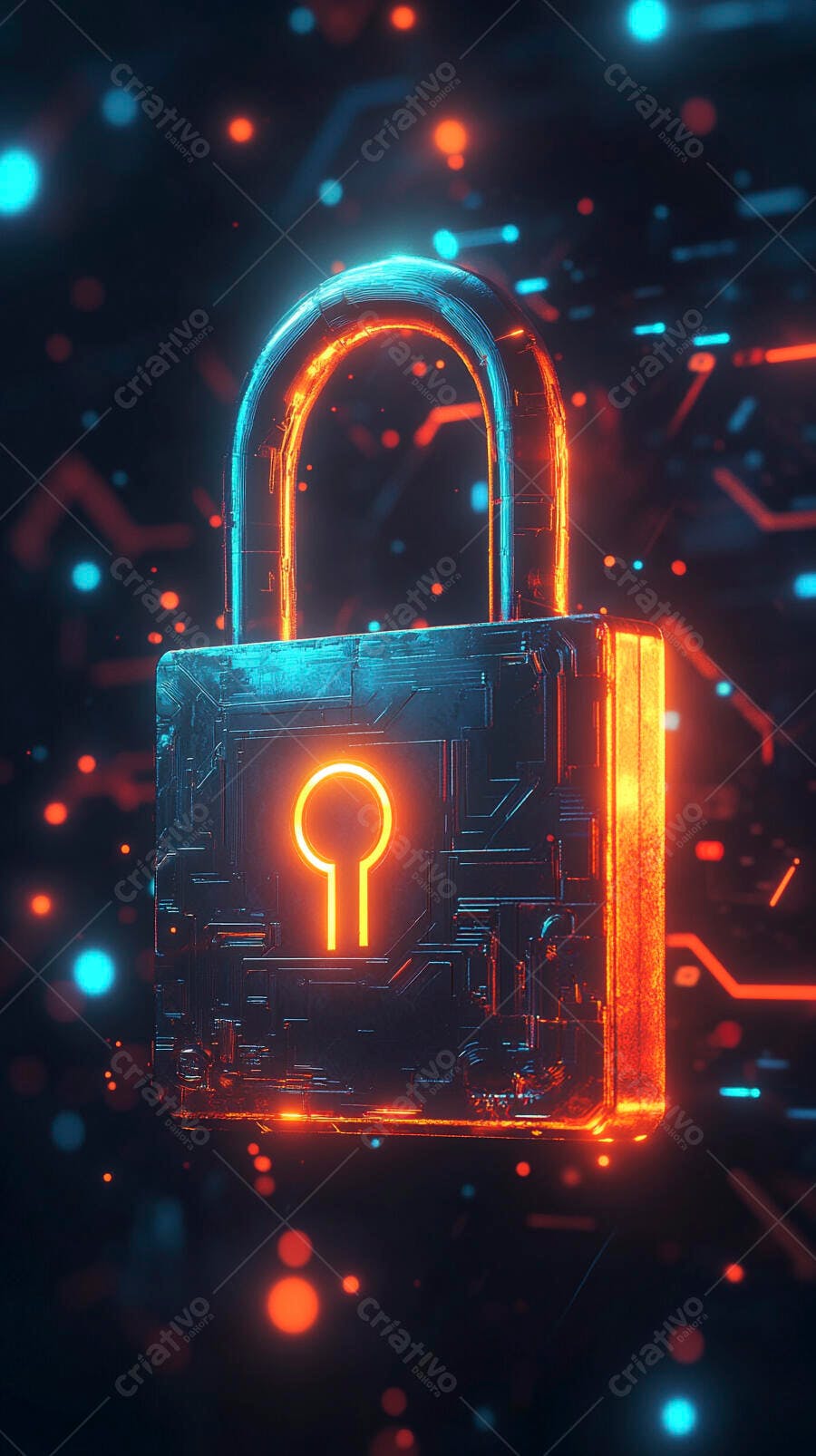 Cadeado digital neon azul e laranja em fundo cibernético de segurança