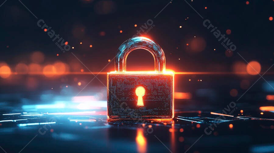Cadeado digital brilhante segurança cibernética em fundo tecnológico escuro