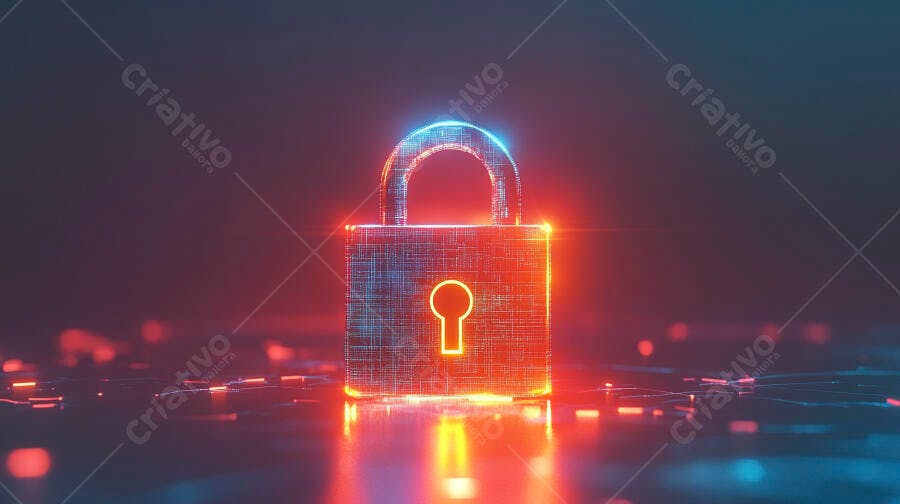 Cadeado digital neon em rede de dados cibernética