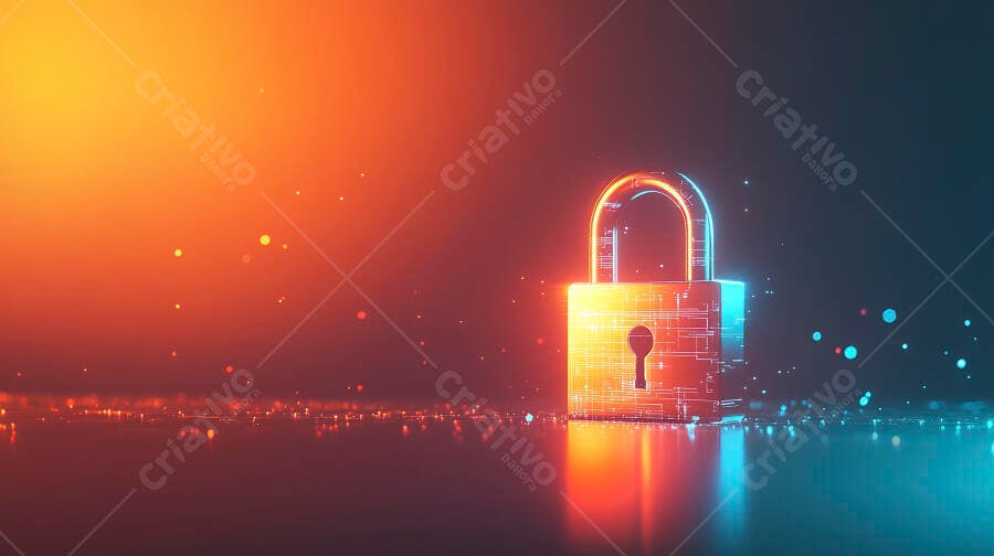 Cadeado digital brilhante neon laranja e azul conceito de segurança cibernética