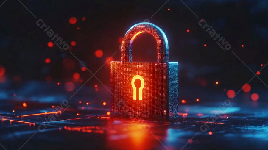Cadeado digital brilhando em neon azul e vermelho em fundo cibersegurança