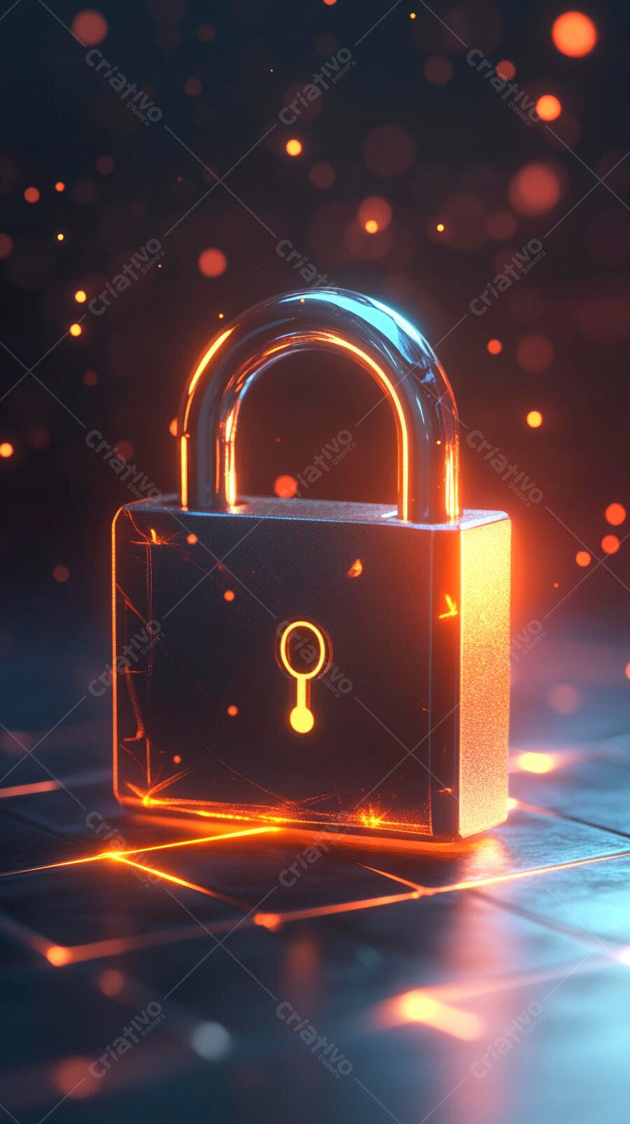 Cadeado digital brilhante laranja e azul em fundo cibernético