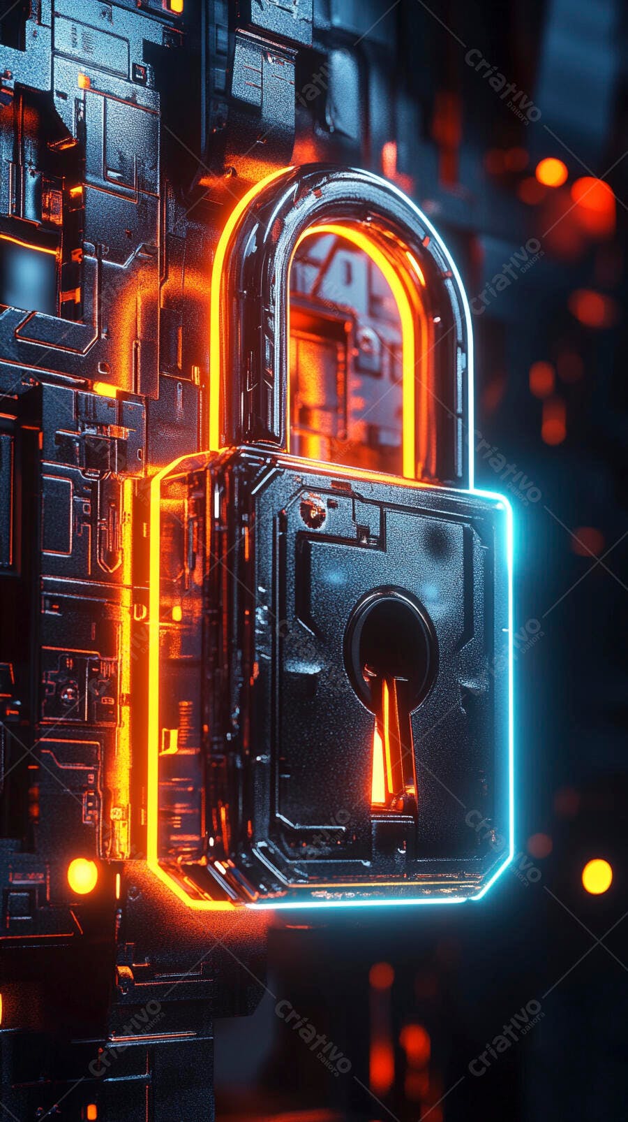 Cadeado digital com luzes neon azul e laranja em fundo cibernético