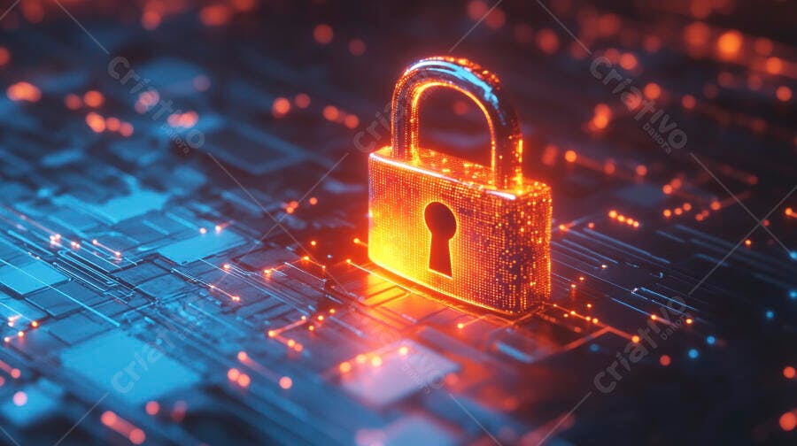 Cadeado digital laranja brilhante sobre circuito eletrônico azul futurista