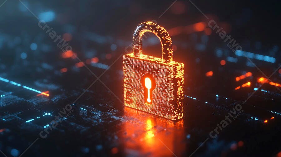 Cadeado digital laranja em ambiente de cibersegurança e proteção de dados