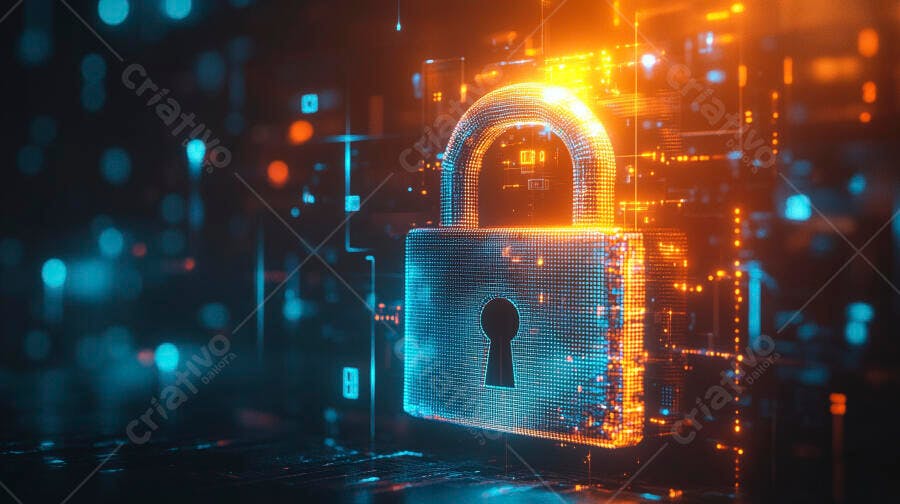 Cadeado digital azul e laranja em fundo tecnológico cibernético