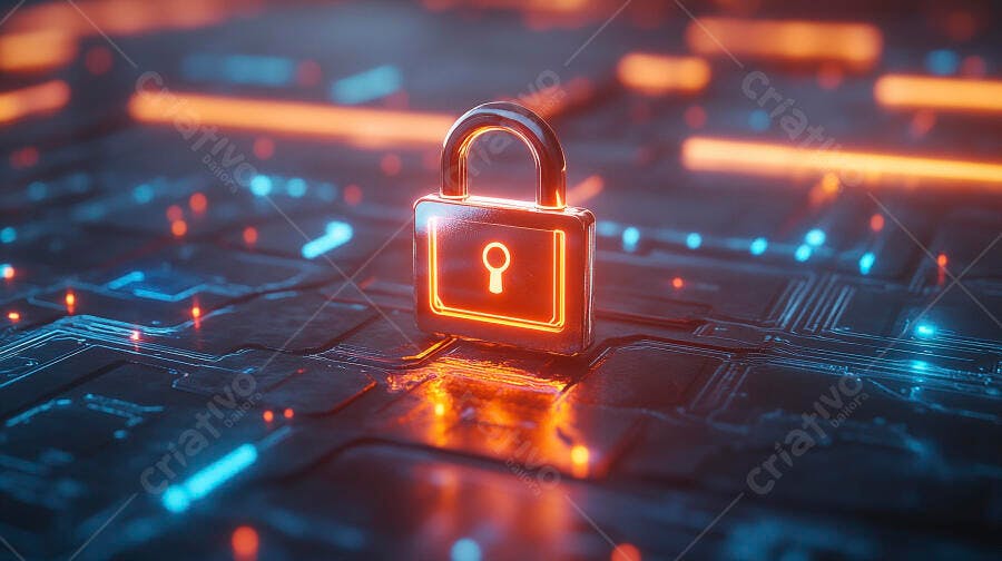 Cadeado digital brilhante em placa de circuito eletrônico laranja e azul