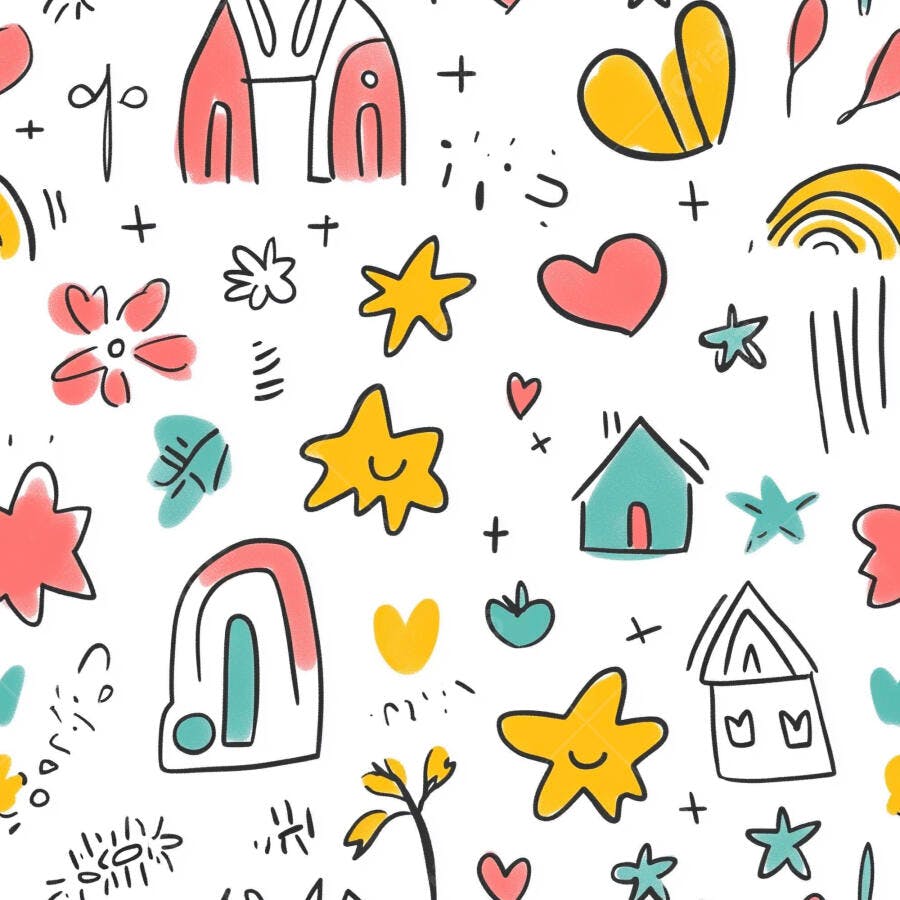 Padrão infantil colorido com casas estrelas corações e flores desenhados a mão