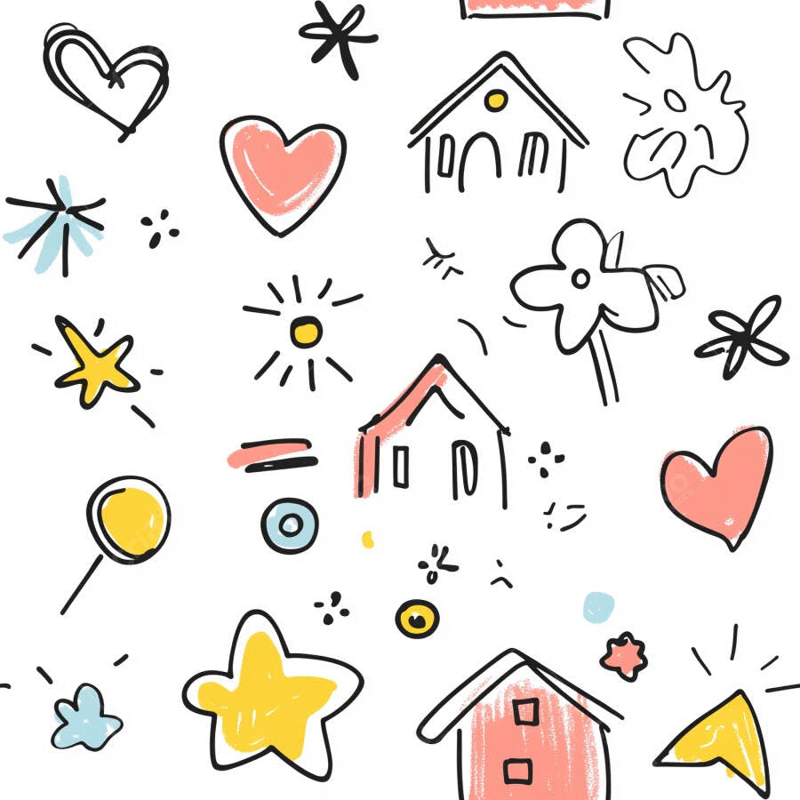 Padrão infantil de desenhos a mão livre casas corações estrelas e sol colorido