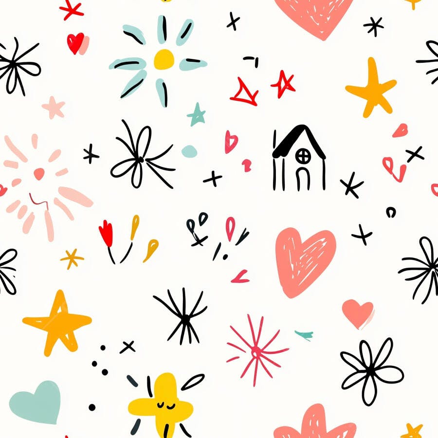 Padrão infantil de doodles coloridos corações estrelas flores e casa em fundo branco