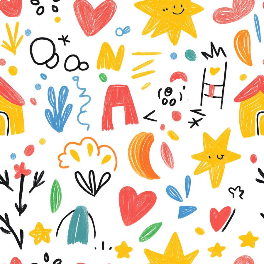 Padrão infantil de doodles coloridos com corações estrelas e casas