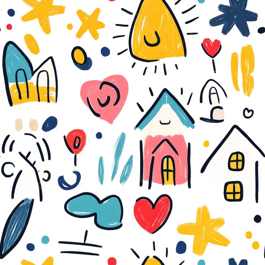 Padrão infantil desenhado à mão com casas coloridas corações e estrelas