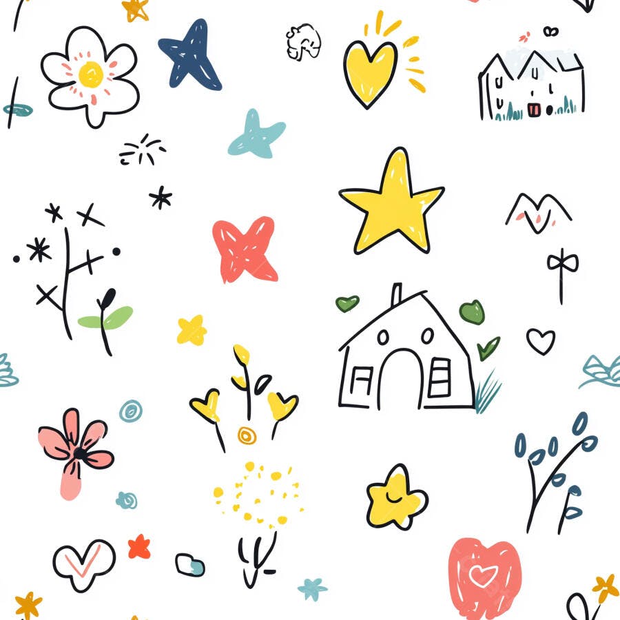 Padrão colorido de desenhos infantis rabiscados à mão livre e estrelas