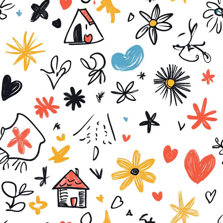 Padrão de doodles infantis com corações casas e flores coloridas