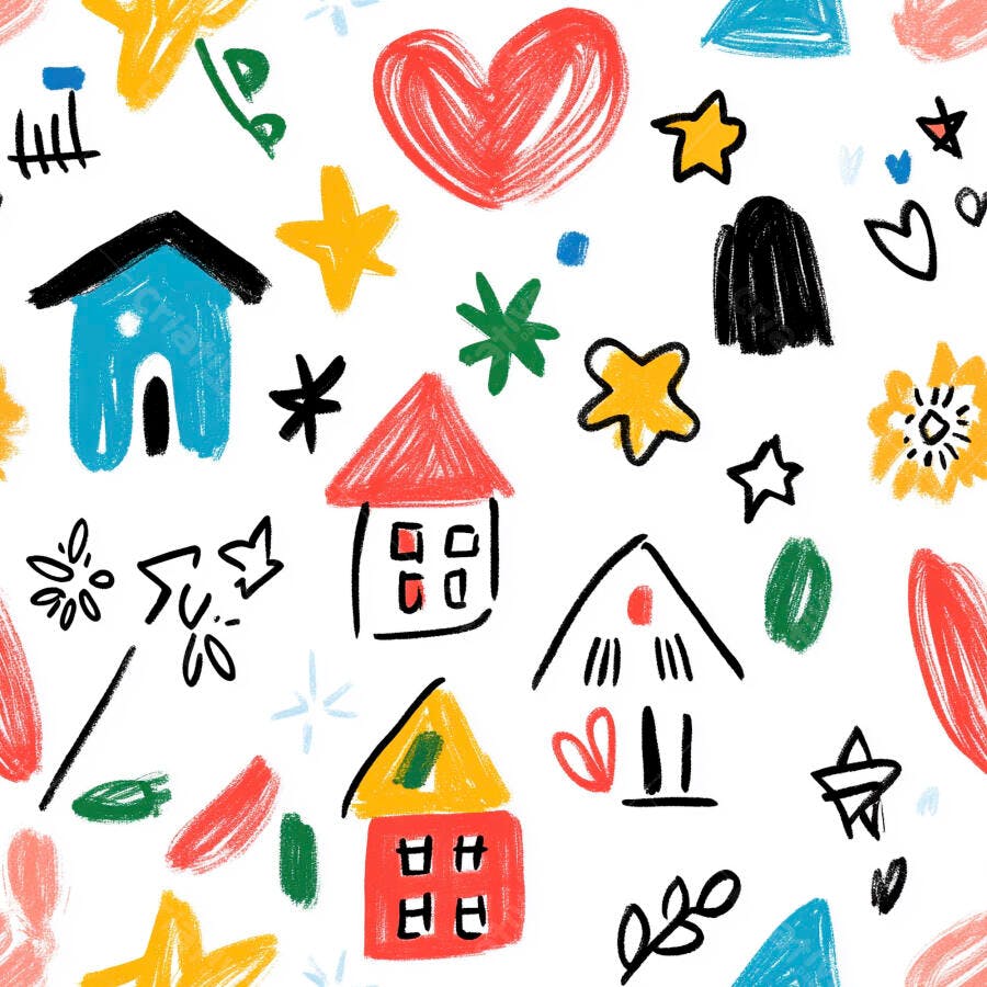 Padrão infantil casas coloridas corações estrelas em fundo branco