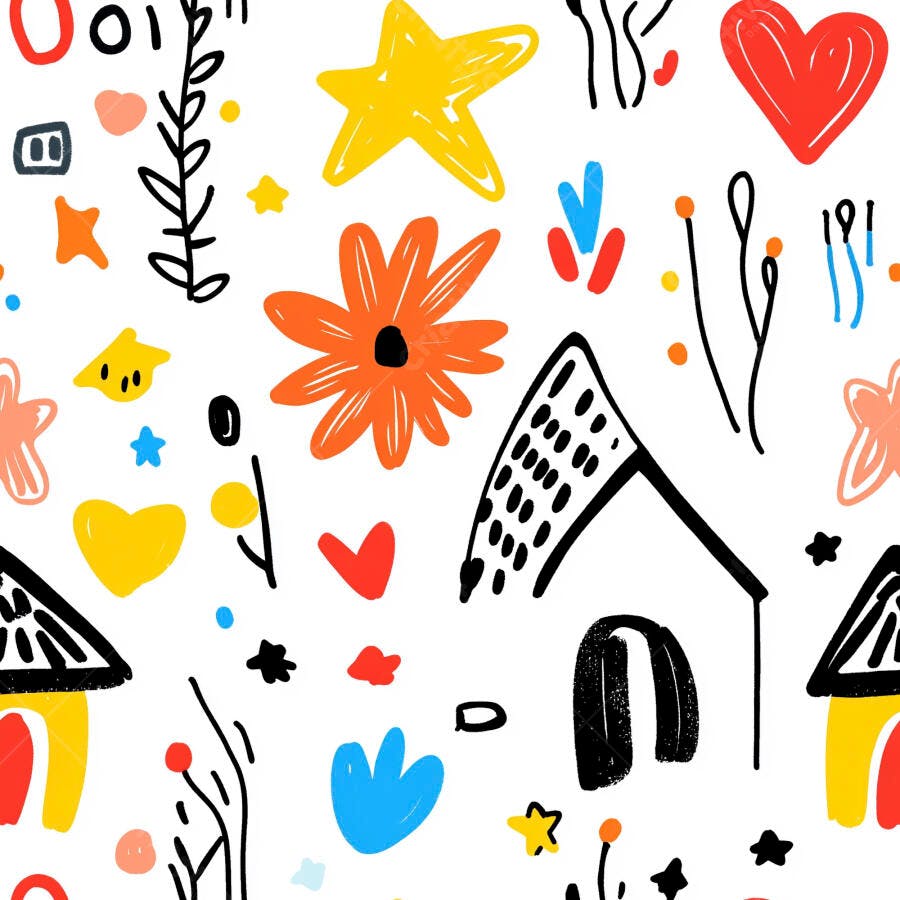 Padrão infantil com casas estrelas e corações em cores vibrantes fundo branco