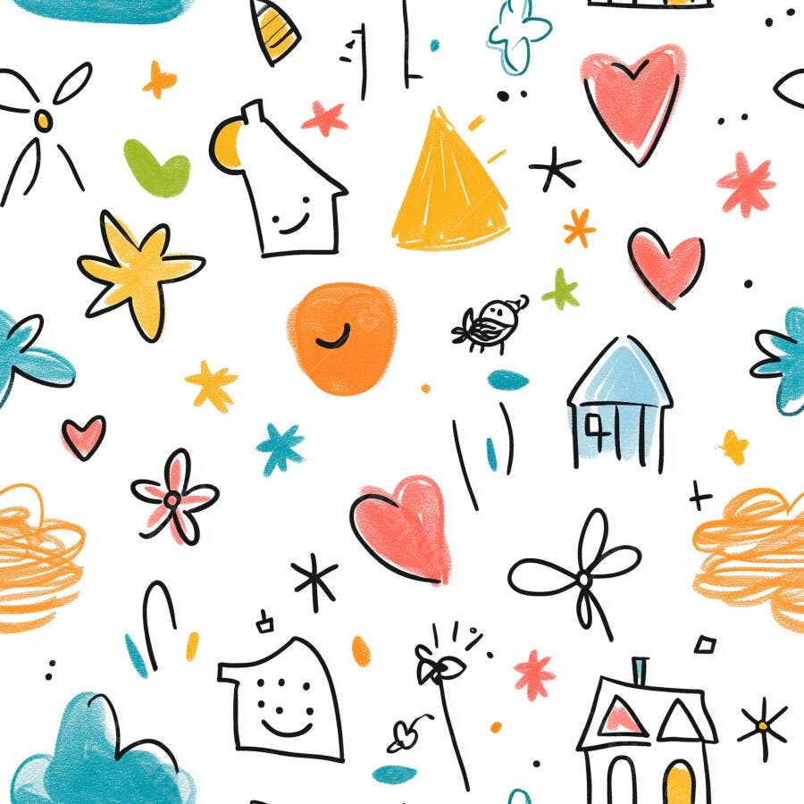 Padrão infantil divertido com casas corações e estrelas coloridas