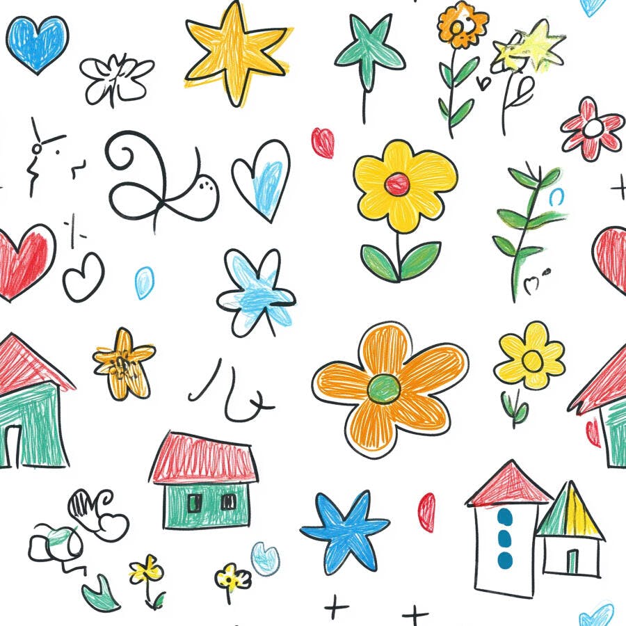 Padrão sem costura de desenhos infantis coloridos casas flores corações