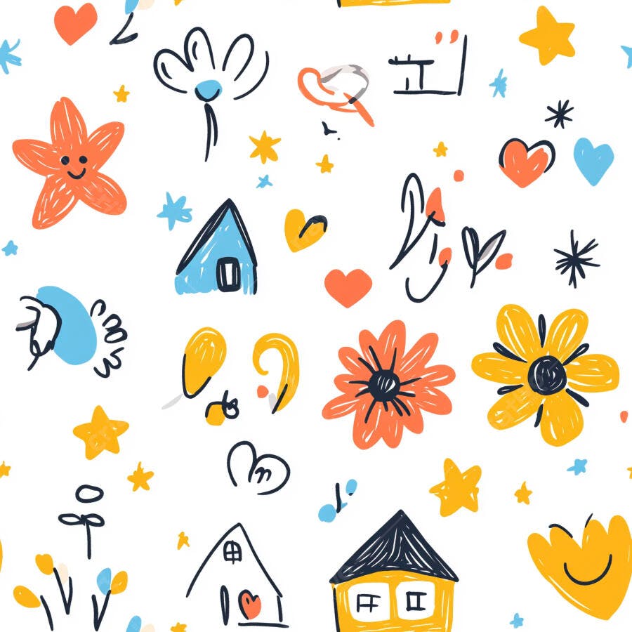 Padrão infantil de desenhos coloridos com casas flores e corações em fundo branco