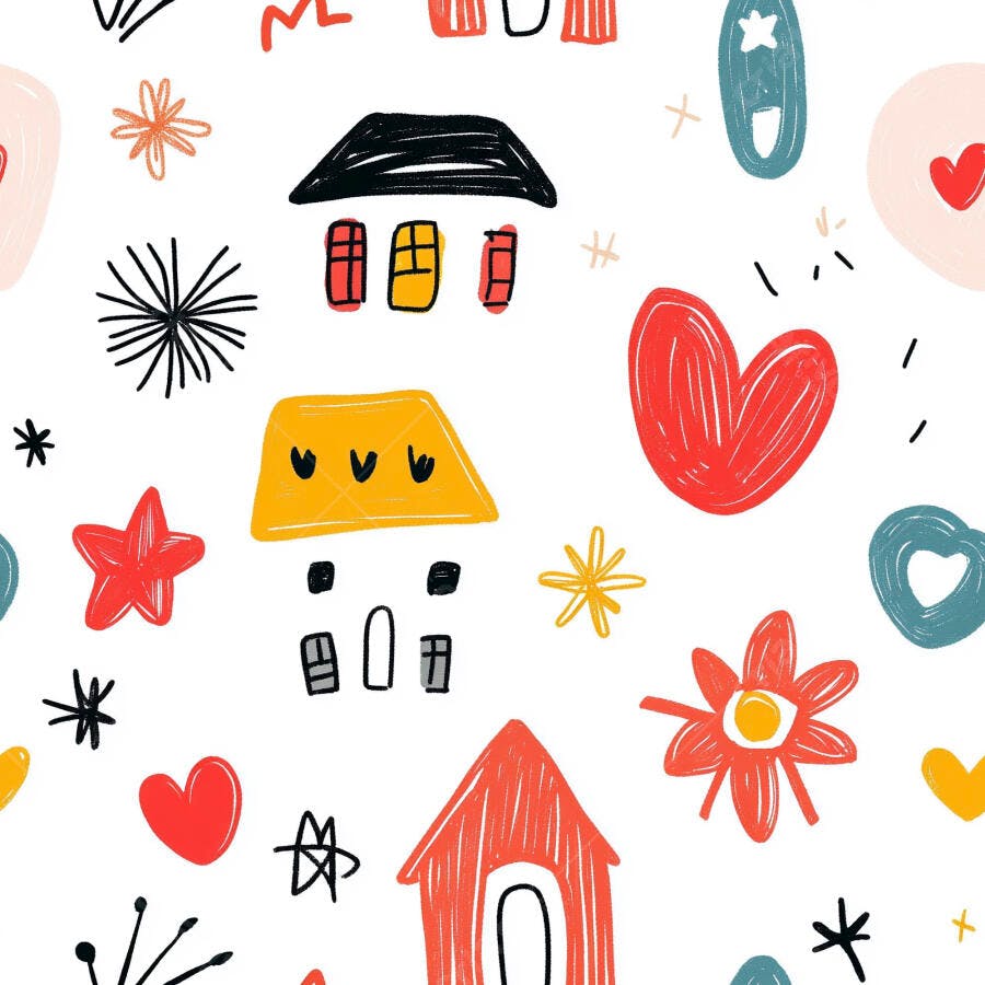Padrão infantil casas corações e estrelas coloridas estilo doodle para crianças