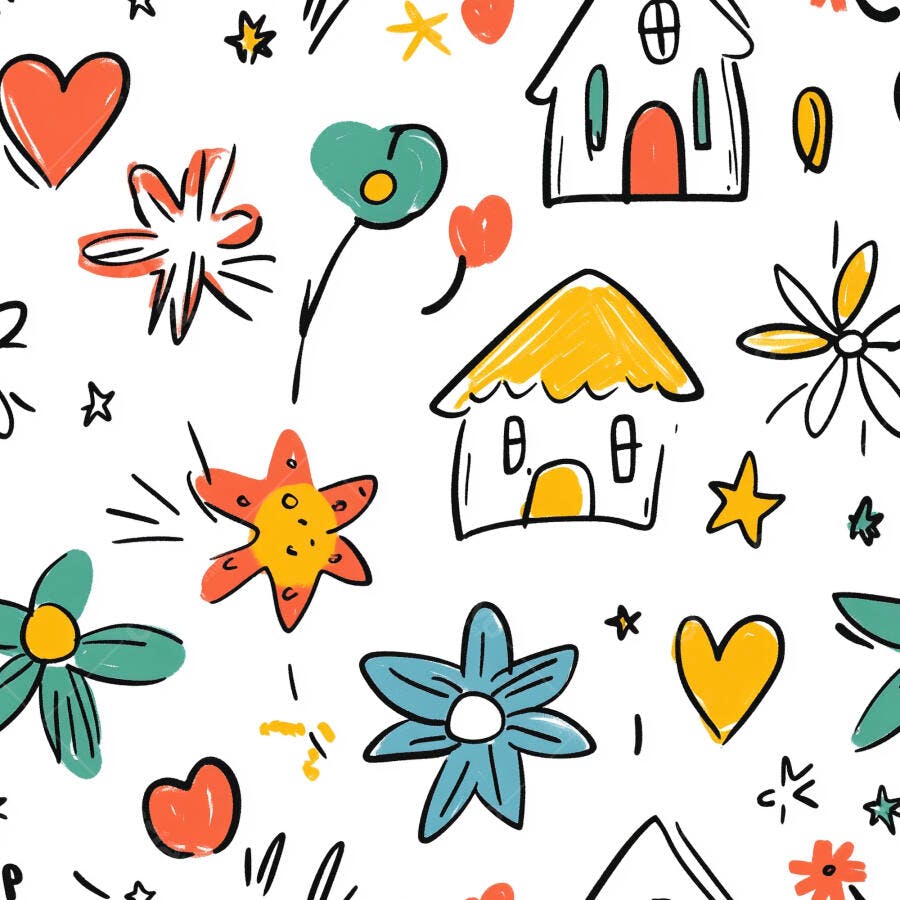 Padrão infantil de casas corações e flores coloridas em fundo branco