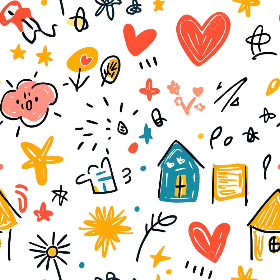 Padrão infantil divertido com casas, corações, estrelas e nuvens coloridas